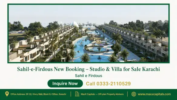Aerial view of Sahil-e-Firdous development in Karachi with villas, lush greenery, and a central water feature.