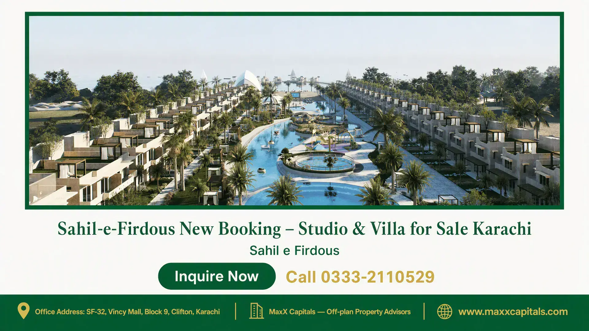 Sahil-e-Firdous New Booking – Studio & Villa for Sale Karachi Aerial view of Sahil-e-Firdous development in Karachi with villas, lush greenery, and a central water feature.