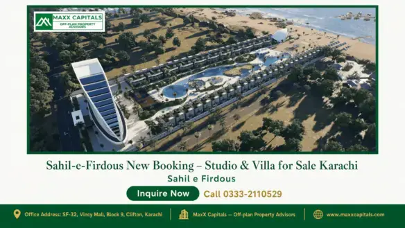 Aerial view of luxury villas and a modern high-rise building at Sahil-e-Firdous with landscaped pools and beachfront access i