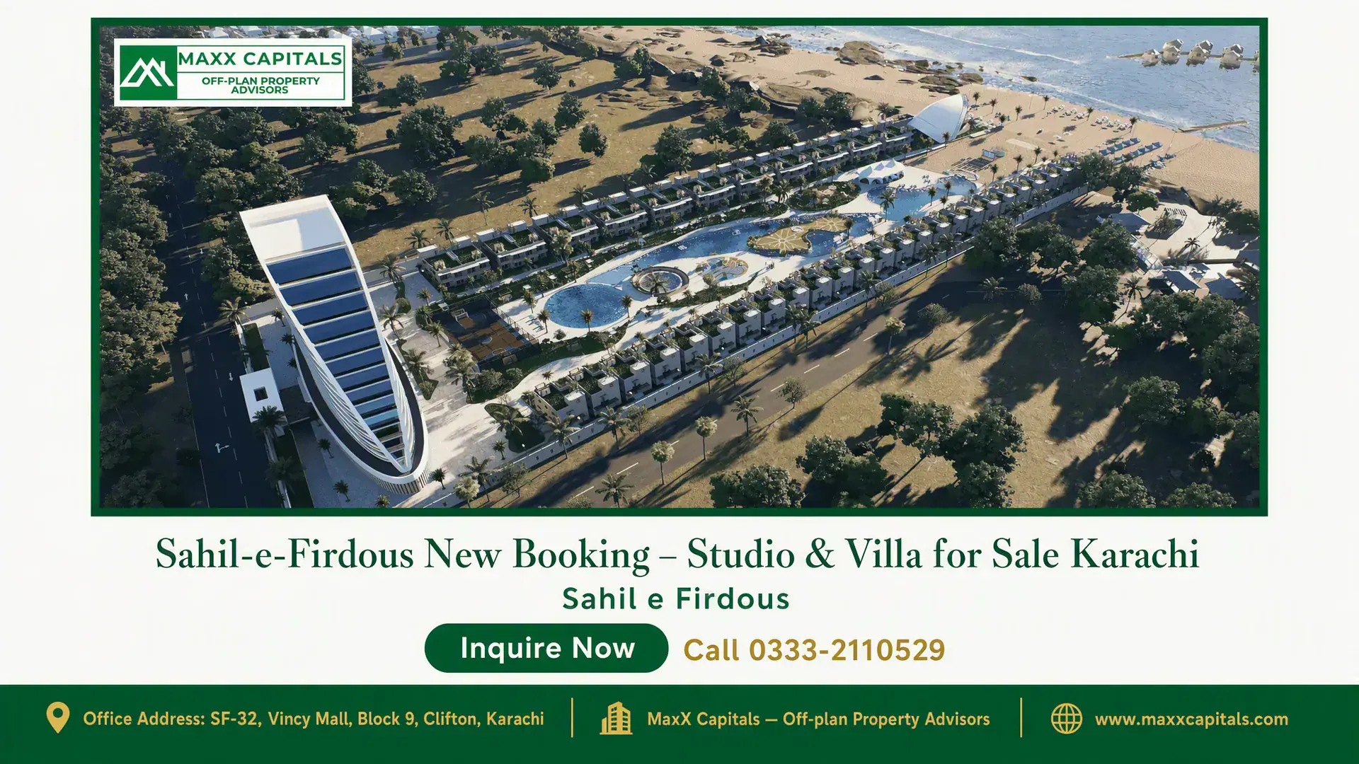 Sahil-e-Firdous New Booking – Studio & Villa for Sale Karachi Aerial view of luxury villas and a modern high-rise building at Sahil-e-Firdous with landscaped pools and beachfront access i
