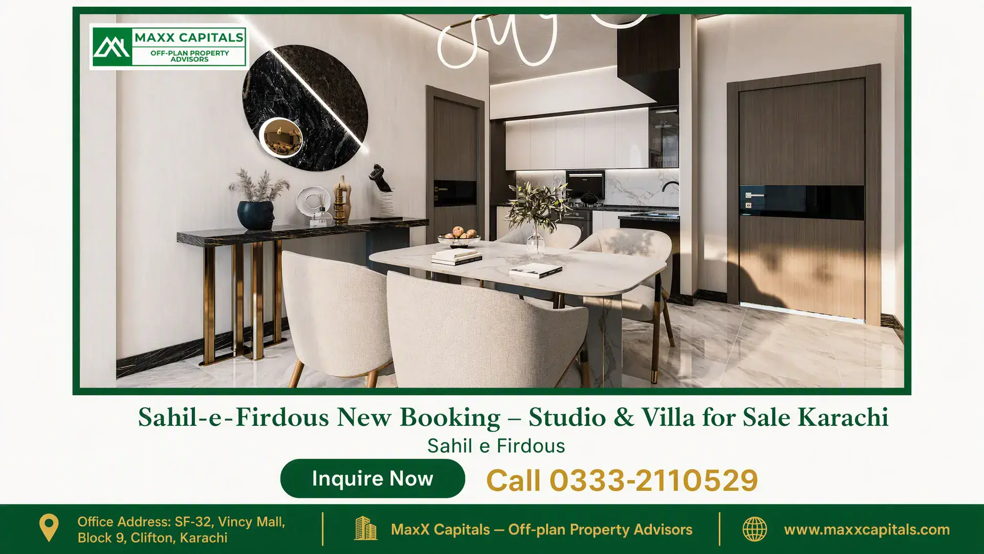 Sahil-e-Firdous New Booking – Studio & Villa for Sale Karachi Modern dining area with a sleek marble table, upholstered chairs, decorative console, wooden and marble finishes in Sahil-e-F