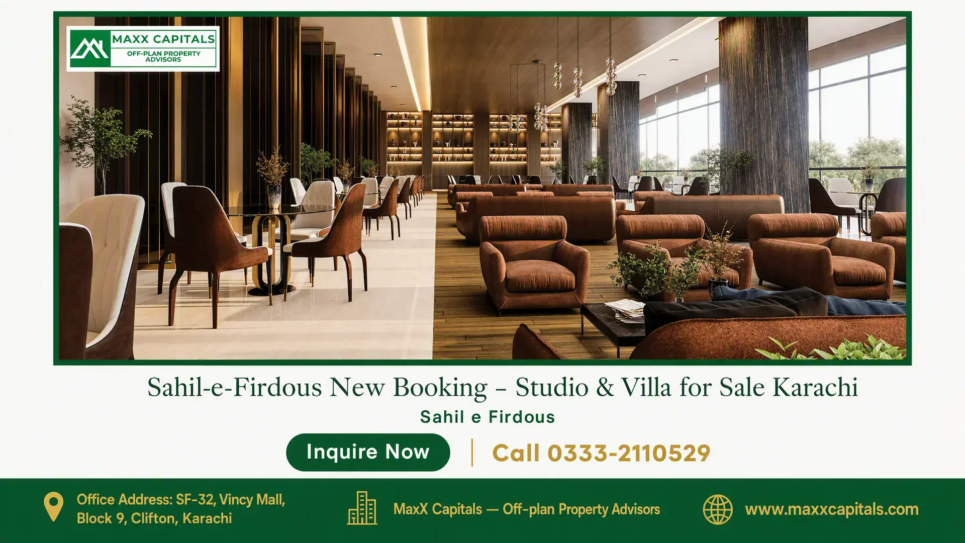 Sahil-e-Firdous New Booking – Studio & Villa for Sale Karachi Luxurious indoor lounge area with modern seating, warm lighting, and spacious layout at Sahil-e-Firdous in Karachi.