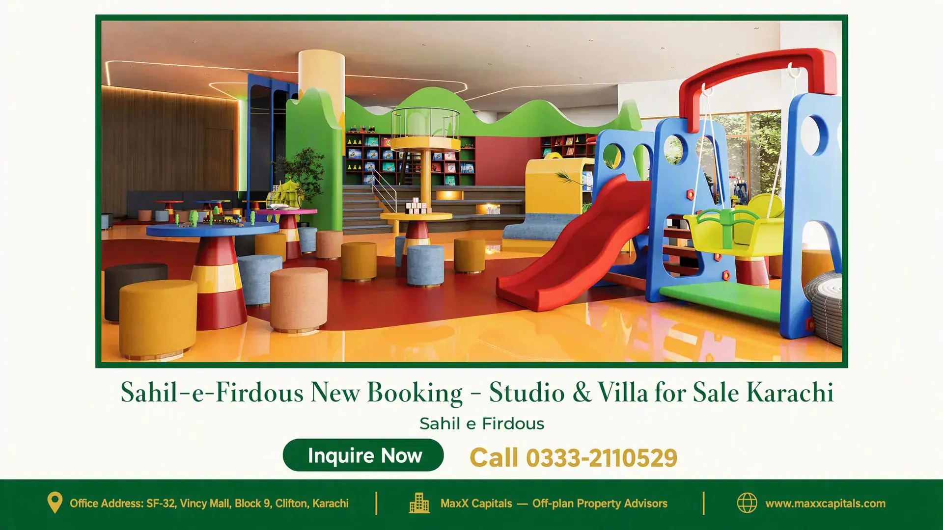 Sahil-e-Firdous New Booking – Studio & Villa for Sale Karachi Modern children's play area in Sahil-e-Firdous with colorful furniture, slide, swings, and vibrant decor.