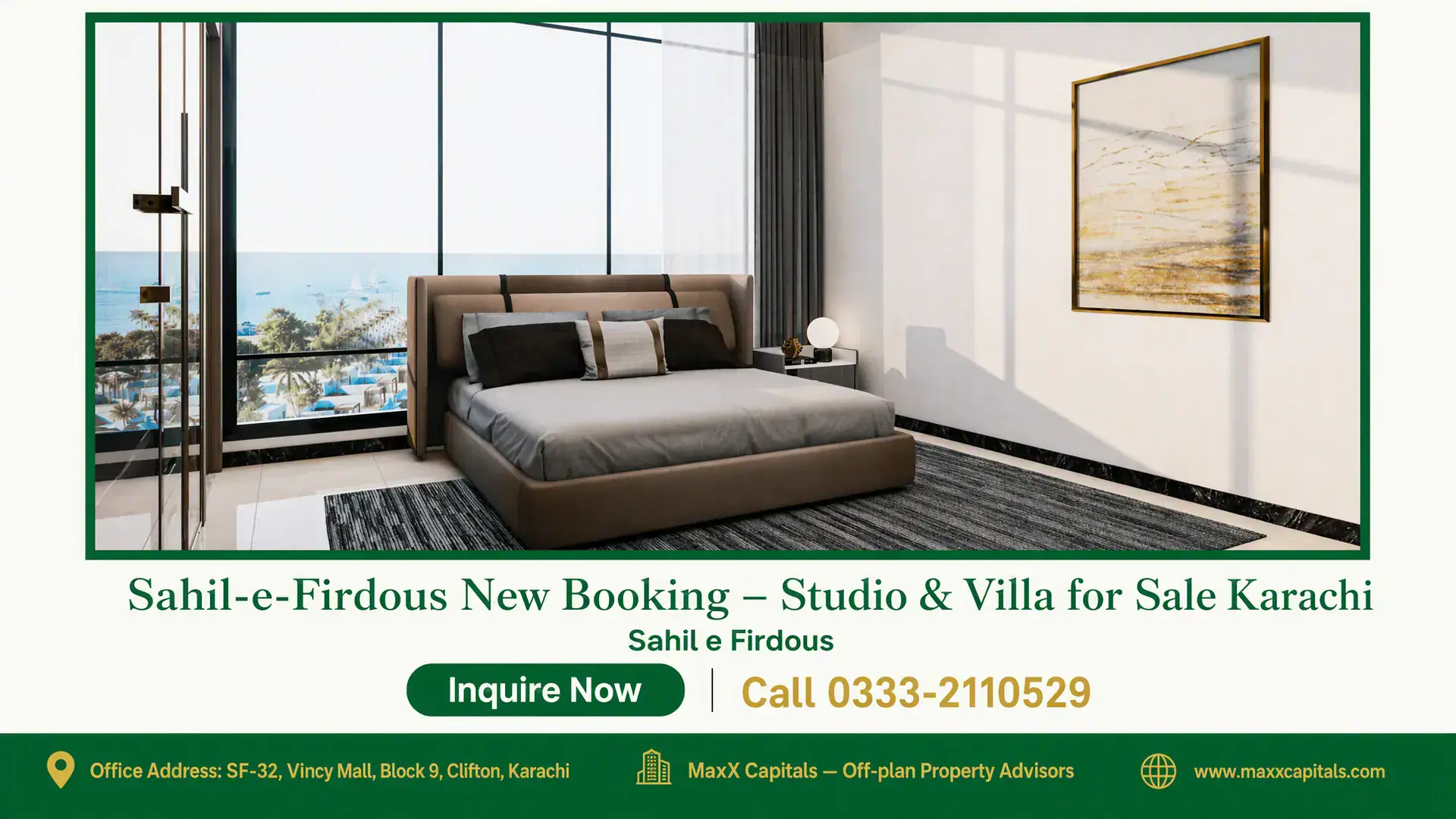 Sahil-e-Firdous New Booking – Studio & Villa for Sale Karachi Modern bedroom with a sea view, featuring a minimalist design, large windows, and elegant furnishings in Sahil-e-Firdous Kara