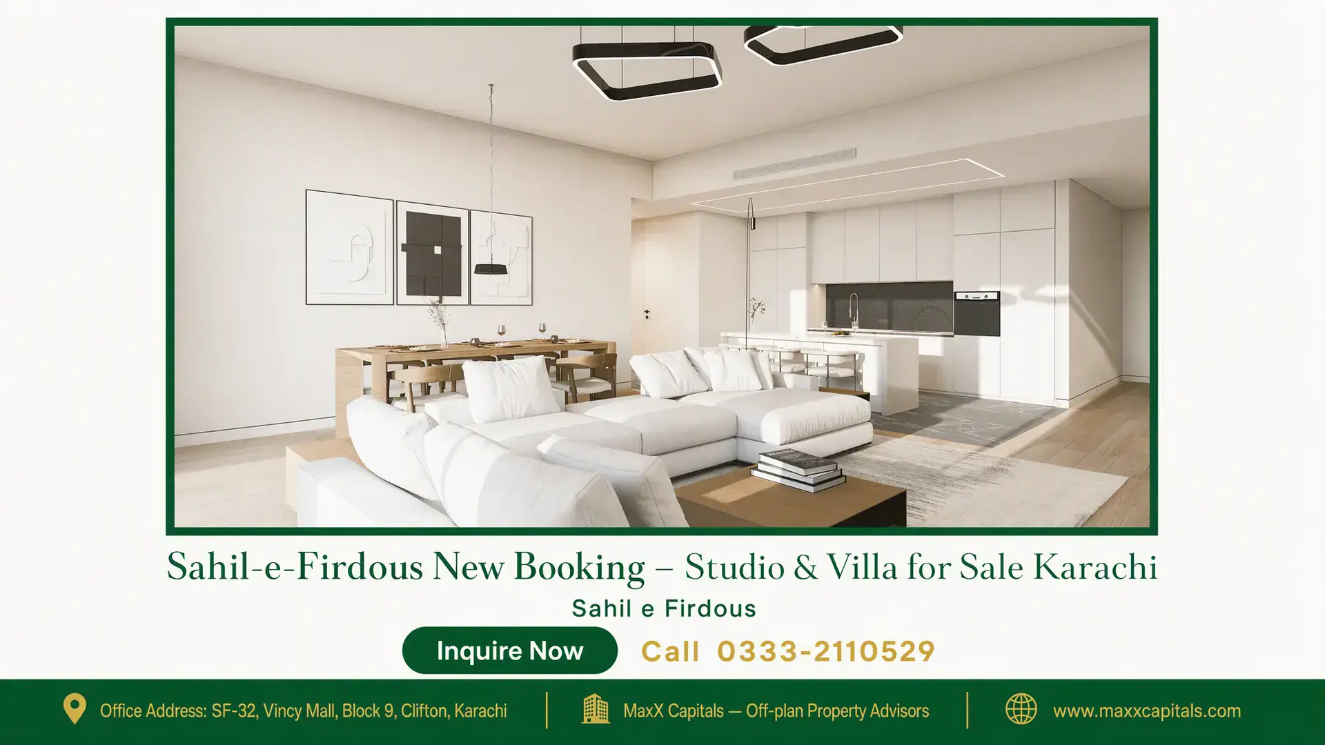 Sahil-e-Firdous New Booking – Studio & Villa for Sale Karachi Spacious open-plan living area with modern furniture, dining table, and a sleek white kitchen in Sahil-e-Firdous, Karachi.