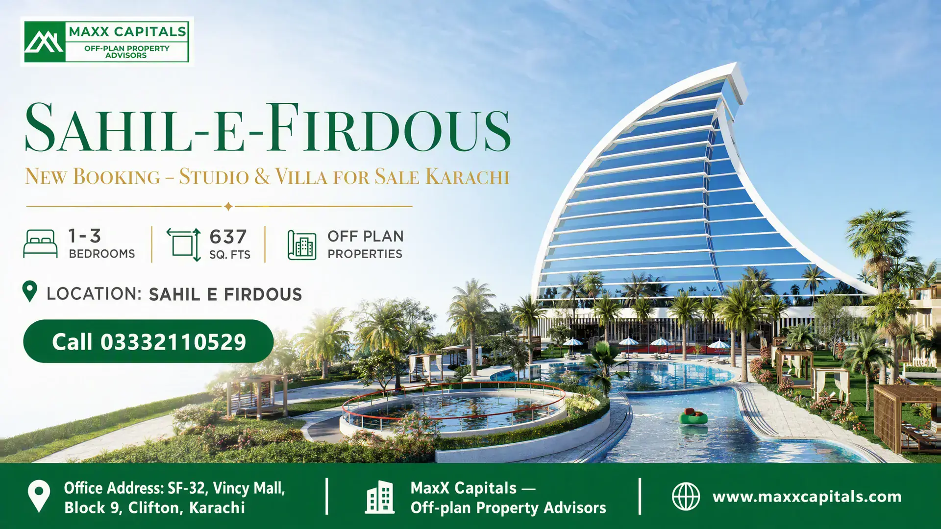 Sahil-e-Firdous New Booking – Studio & Villa for Sale Karachi Modern crescent-shaped glass building surrounded by landscaped gardens, a pool, and recreational spaces in Sahil-e-Firdous, K