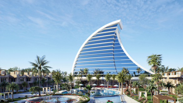 Sail-Shaped Tower, Infinity Pool, Palm Trees And Townhouses At Sahil-E-Firdous Luxury Apartments Karachi