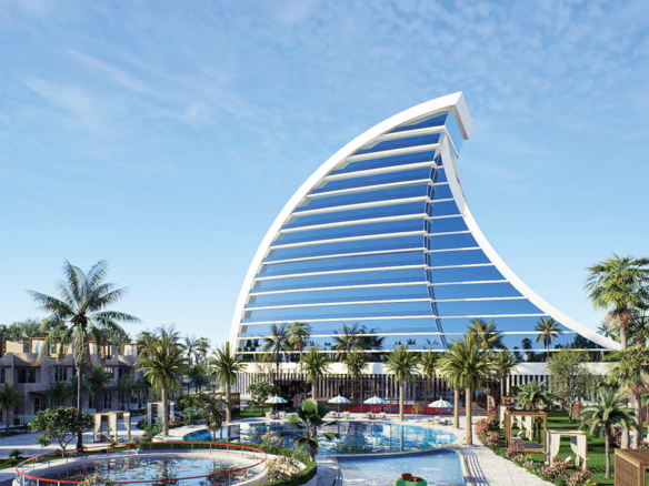 Sail-Shaped Tower, Infinity Pool, Palm Trees And Townhouses At Sahil-E-Firdous Luxury Apartments Karachi