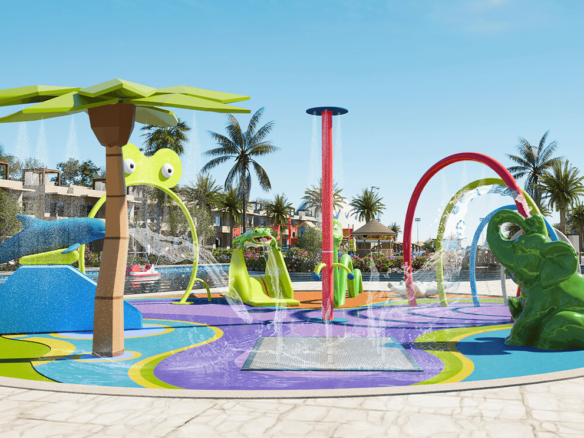 Colorful children's splash pad with frog, elephant, palm tree water features at Sahil-e-Firdous Luxury Apartments Karachi