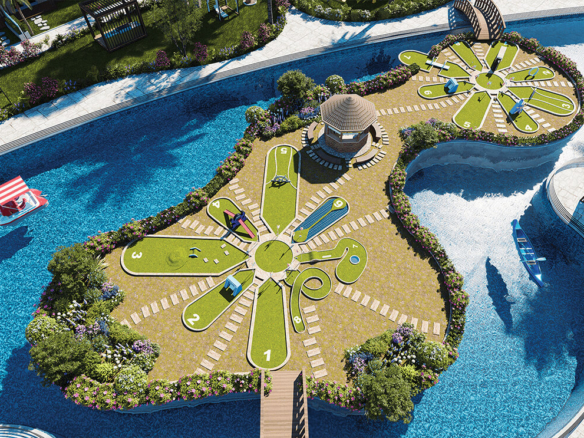 Mini-golf course on artificial island in swimming pool at Sahil-e-Firdous Luxury Apartments Karachi