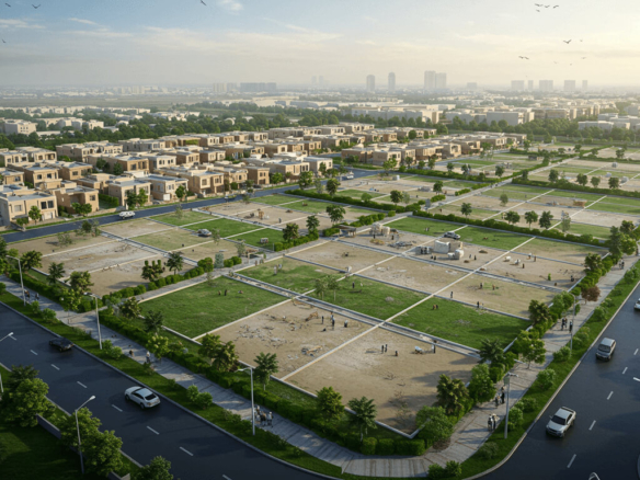 Aerial View Of Beachfront Plots In Dha Phase 8 With Residential Blocks, Green Parks, Sandy Areas, And Surrounding Roads