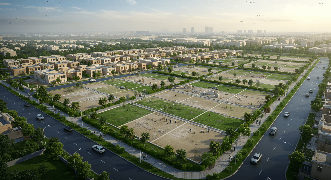 Aerial view of beachfront plots in DHA Phase 8 with residential blocks, green parks, sandy areas, and surrounding roads