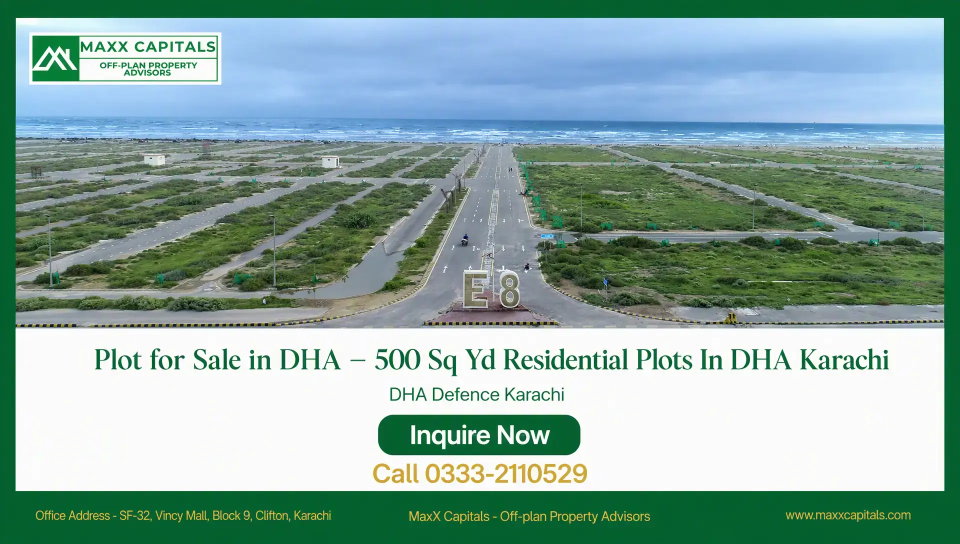 Plot for Sale in DHA Phase 8 – 500 Sq Yd Beach Street 19 DHA Phase 8 Beach Street 19 aerial view of 500 sq yd residential plots near the coast