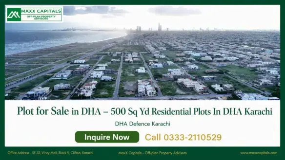 Aerial view of DHA Karachi beachfront residential plots and roads near the coastline