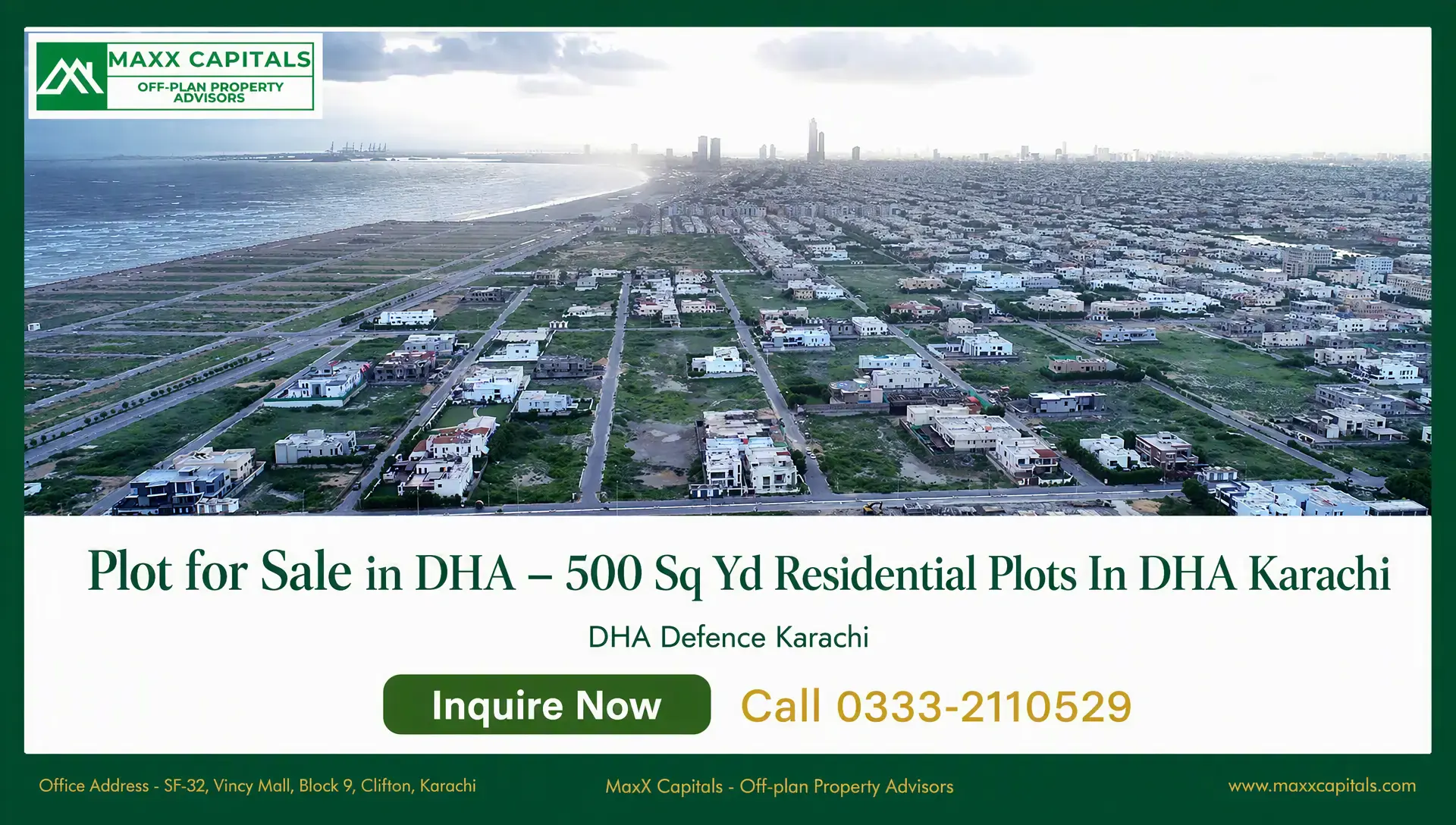 Plot for Sale in DHA Phase 8 – 500 Sq Yd Beach Street 19 Aerial view of DHA Karachi beachfront residential plots and roads near the coastline