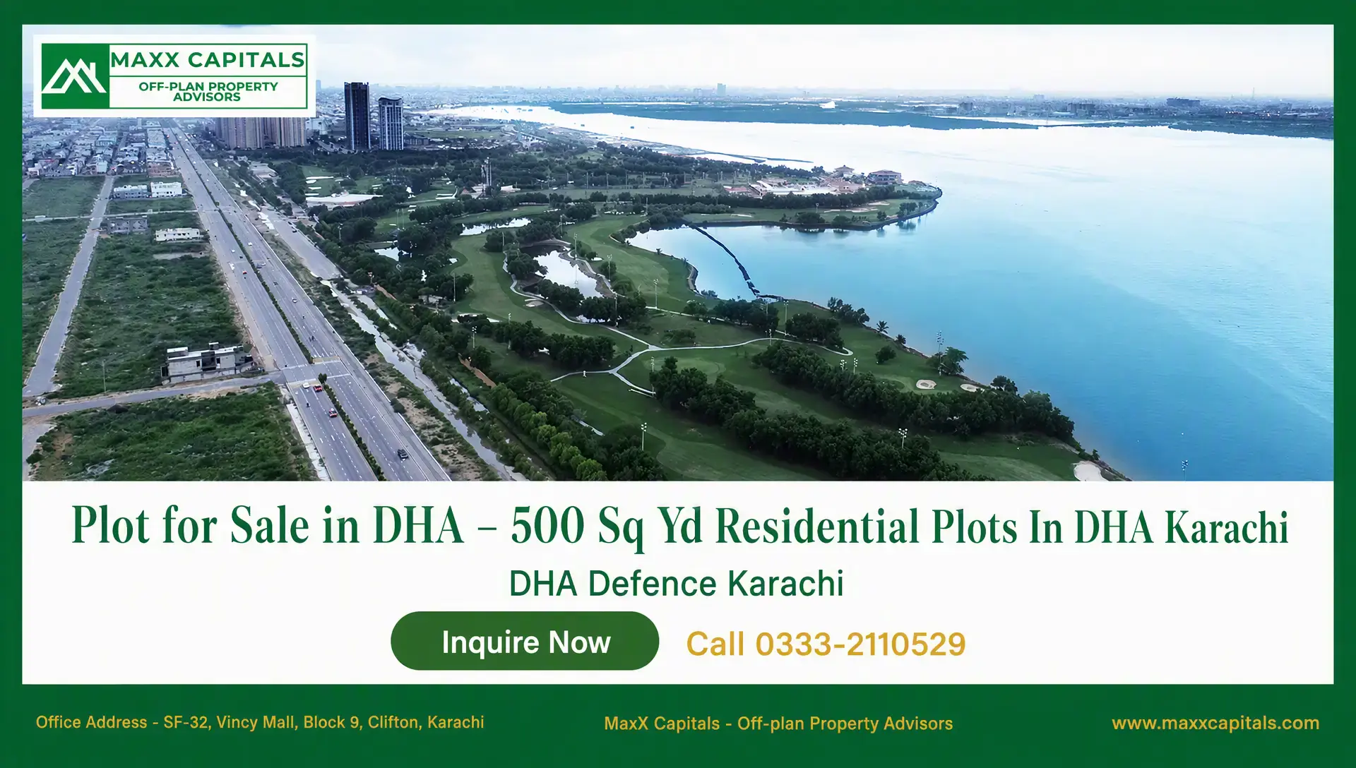 Plot for Sale in DHA Phase 8 – 500 Sq Yd Beach Street 19 Aerial view of DHA Phase 8 waterfront plots near Beach Street 19, Karachi, with road and green landscape