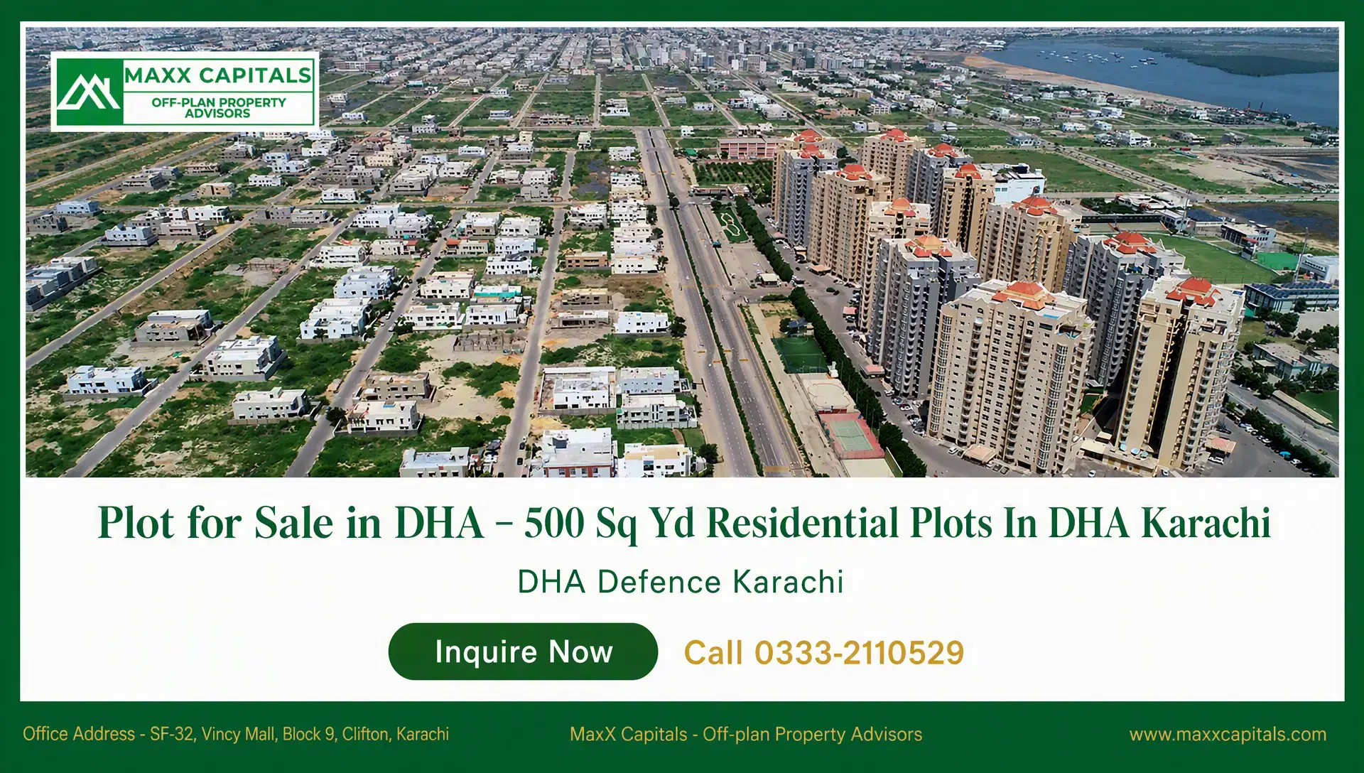 Plot for Sale in DHA Phase 8 – 500 Sq Yd Beach Street 19 Aerial view of DHA Karachi residential plots near Beach Street 19 and high-rise apartments