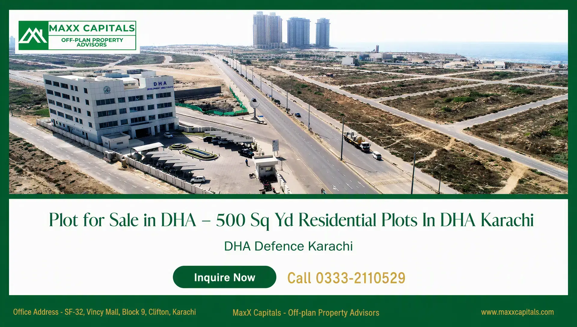 Plot for Sale in DHA Phase 8 – 500 Sq Yd Beach Street 19 DHA Phase 8 beachfront plot area with roads, utility access, and nearby high-rise towers in Karachi