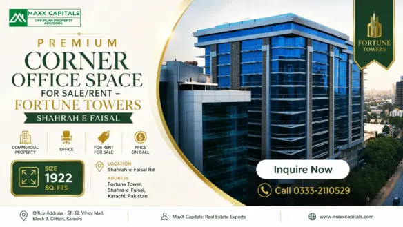Maxx Capitals Corner Office Space At Fortune Towers, Shahrah E Faisal, With Modern Glass Tower Exterior