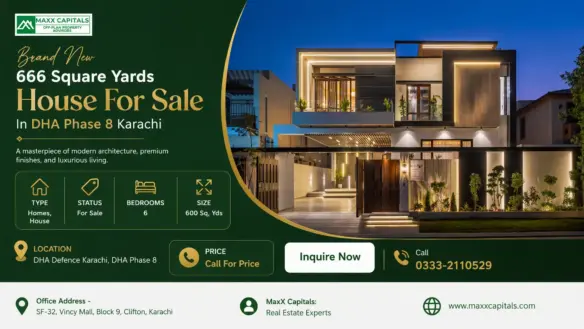 Modern 666 Square Yard House For Sale In Dha Phase 8 Karachi With Illuminated Facade And Landscaped Entry