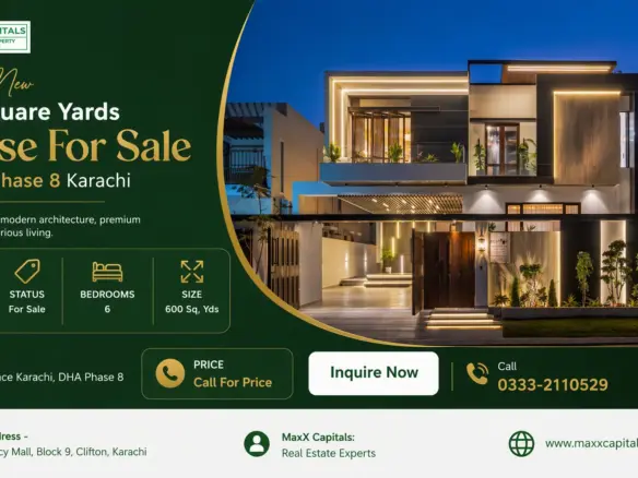 Modern 666 Square Yard House For Sale In Dha Phase 8 Karachi With Illuminated Facade And Landscaped Entry