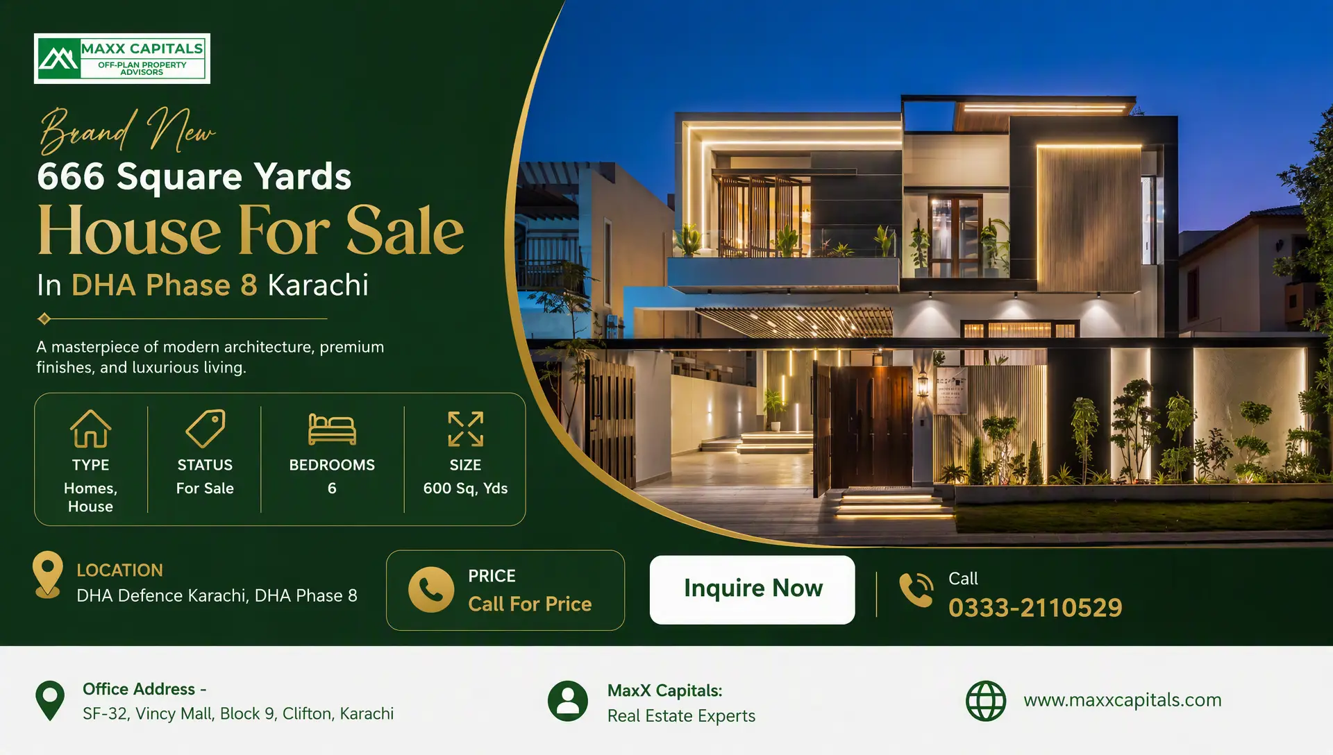 Brand New 666 Square Yards House For Sale In DHA Phase 8 Karachi (1) Modern 666 square yard house for sale in DHA Phase 8 Karachi with illuminated facade and landscaped entry