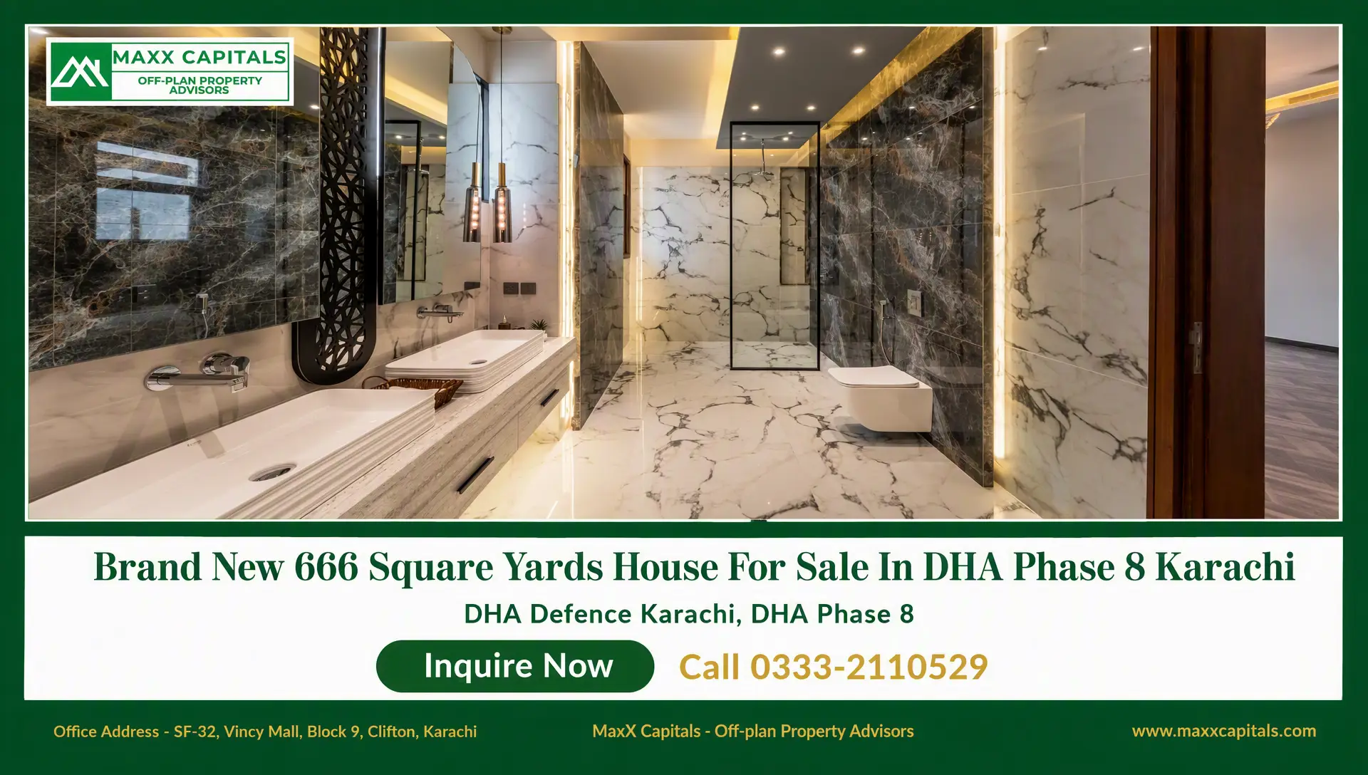 Brand New 666 Square Yards House For Sale In DHA Phase 8 Karachi (10) Luxury marble bathroom in DHA Phase 8 Karachi house for sale with dual sinks, walk-in shower, and backlit mirrors