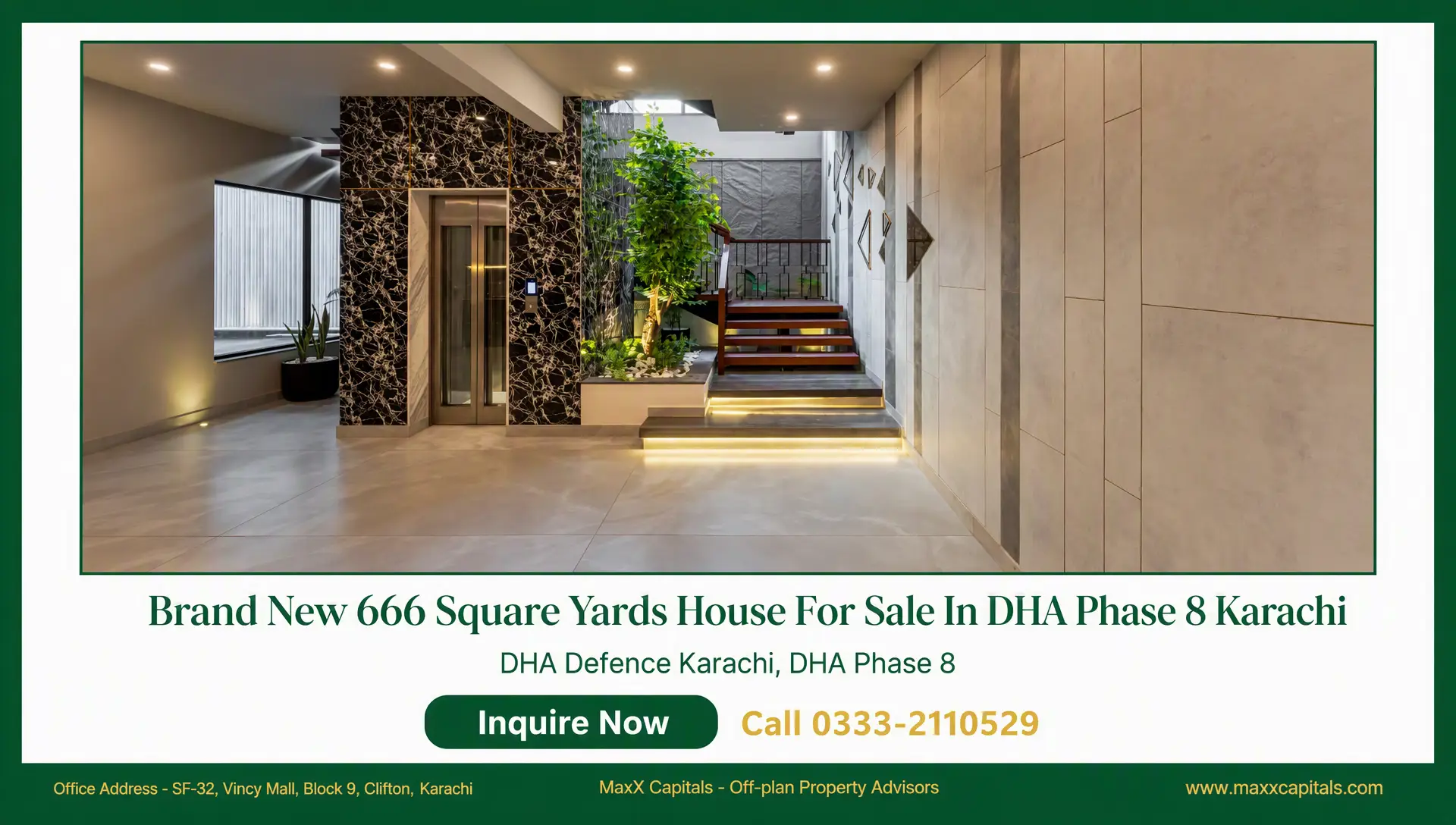 Brand New 666 Square Yards House For Sale In DHA Phase 8 Karachi (11) Modern DHA Phase 8 Karachi house entrance with elevator, marble accents, indoor planting, and LED step lighting
