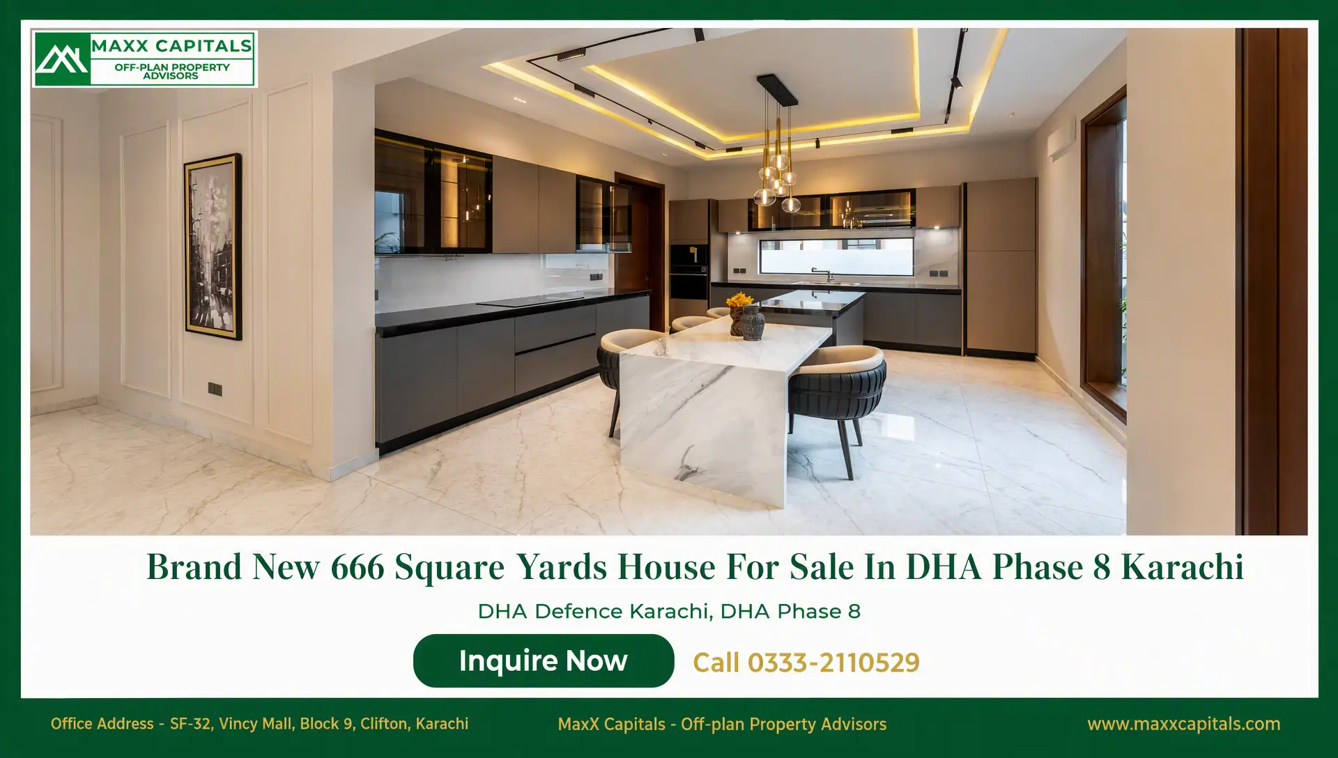 Brand New 666 Square Yards House For Sale In DHA Phase 8 Karachi (12) Modern DHA Phase 8 Karachi house kitchen with marble island, pendant lights, and sleek cabinetry