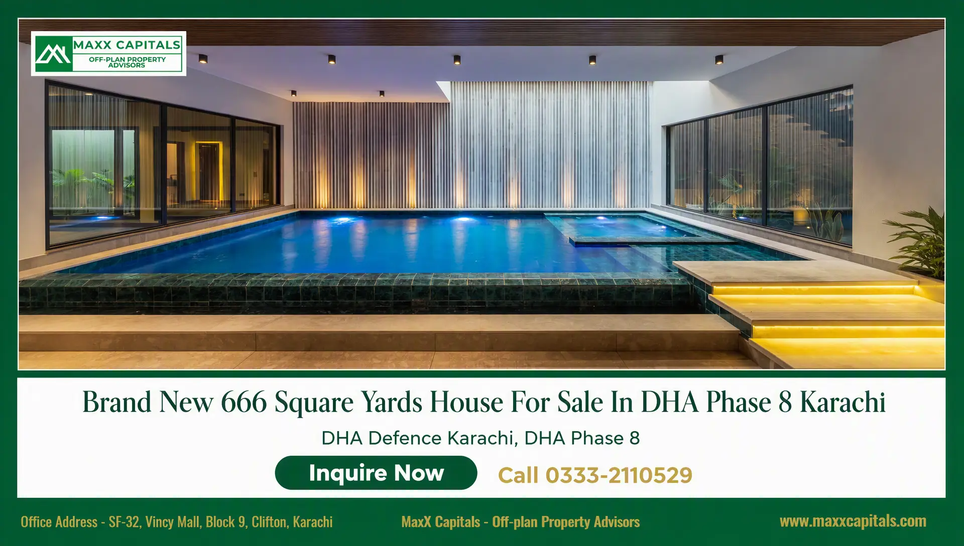 Brand New 666 Square Yards House For Sale In DHA Phase 8 Karachi (13) Modern DHA Phase 8 Karachi house courtyard with indoor swimming pool and glass windows