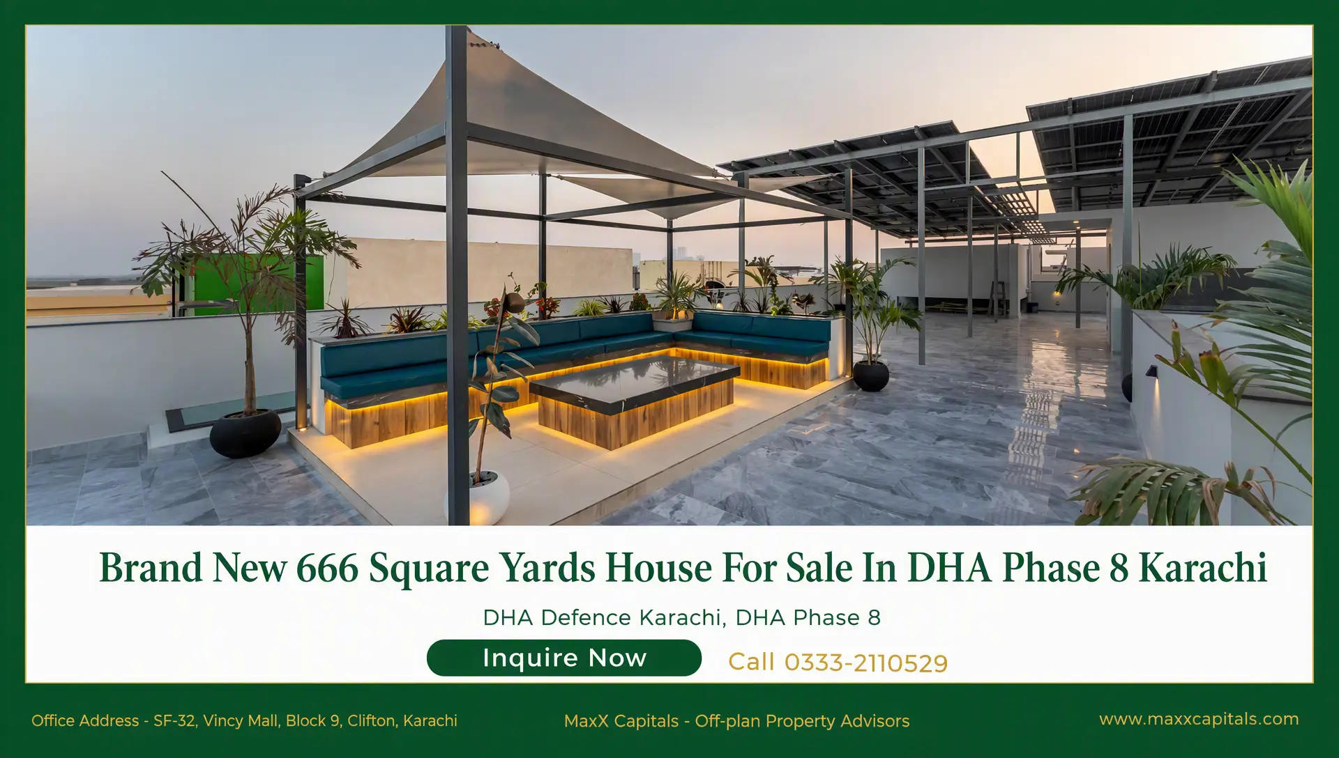 Brand New 666 Square Yards House For Sale In DHA Phase 8 Karachi (14) DHA Phase 8 Karachi rooftop terrace with seating area, pergola shade, potted plants, and tiled flooring