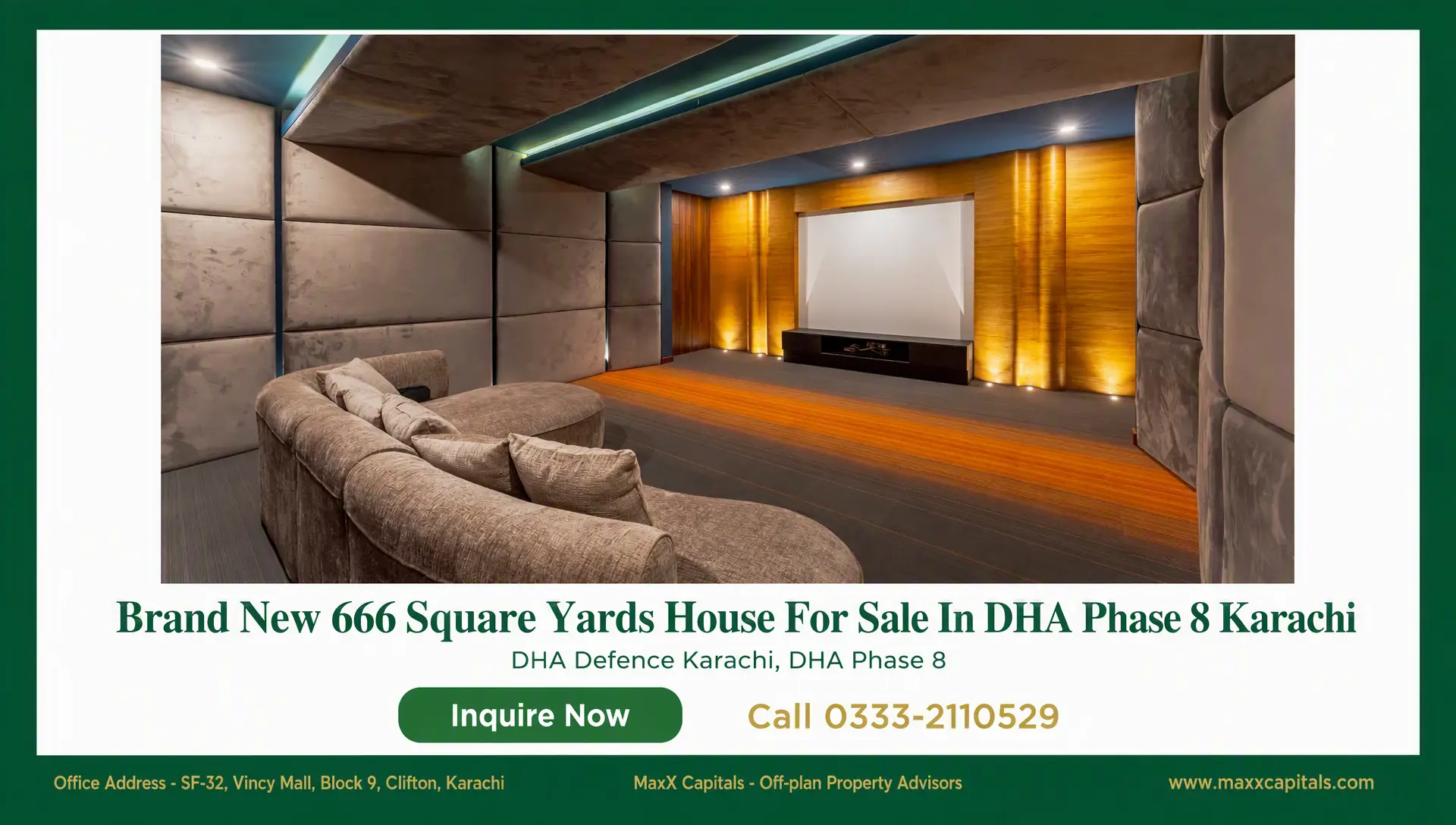 Brand New 666 Square Yards House For Sale In DHA Phase 8 Karachi (15) Modern home theater room in a DHA Phase 8 Karachi house for sale, featuring built-in seating and screen wall