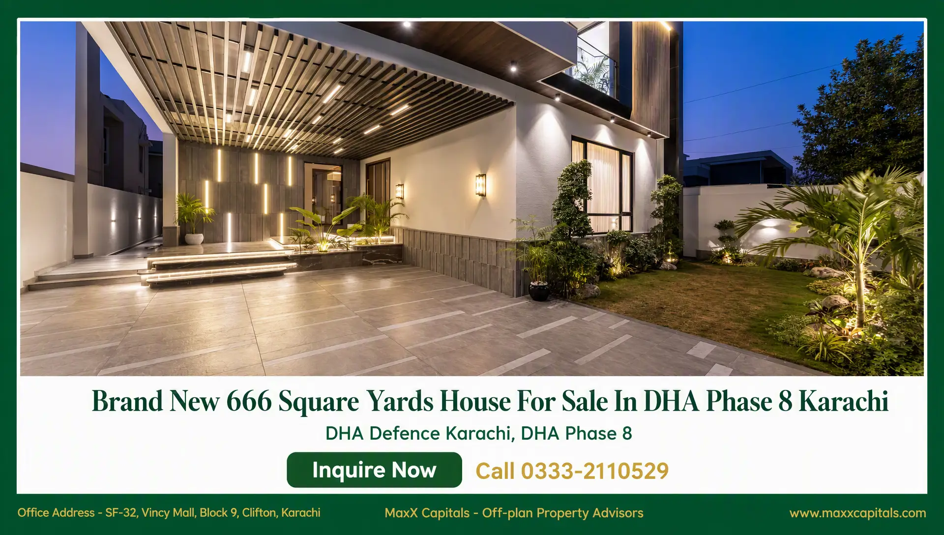 Brand New 666 Square Yards House For Sale In DHA Phase 8 Karachi (16) Modern DHA Phase 8 Karachi house exterior with tiled driveway, landscaped garden, and lit entrance facade