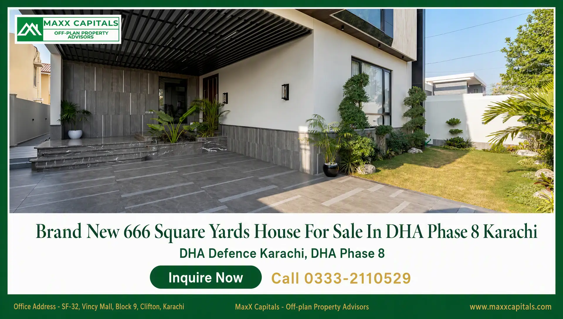 Brand New 666 Square Yards House For Sale In DHA Phase 8 Karachi (17) Modern DHA Phase 8 Karachi house exterior with tiled driveway, landscaped lawn, and covered entrance