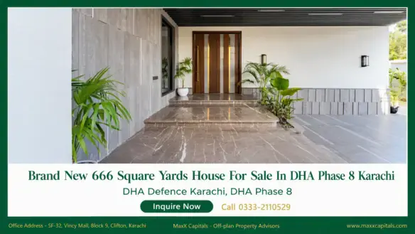 Modern DHA Phase 8 Karachi house entrance with marble steps, wood front door, and potted plants