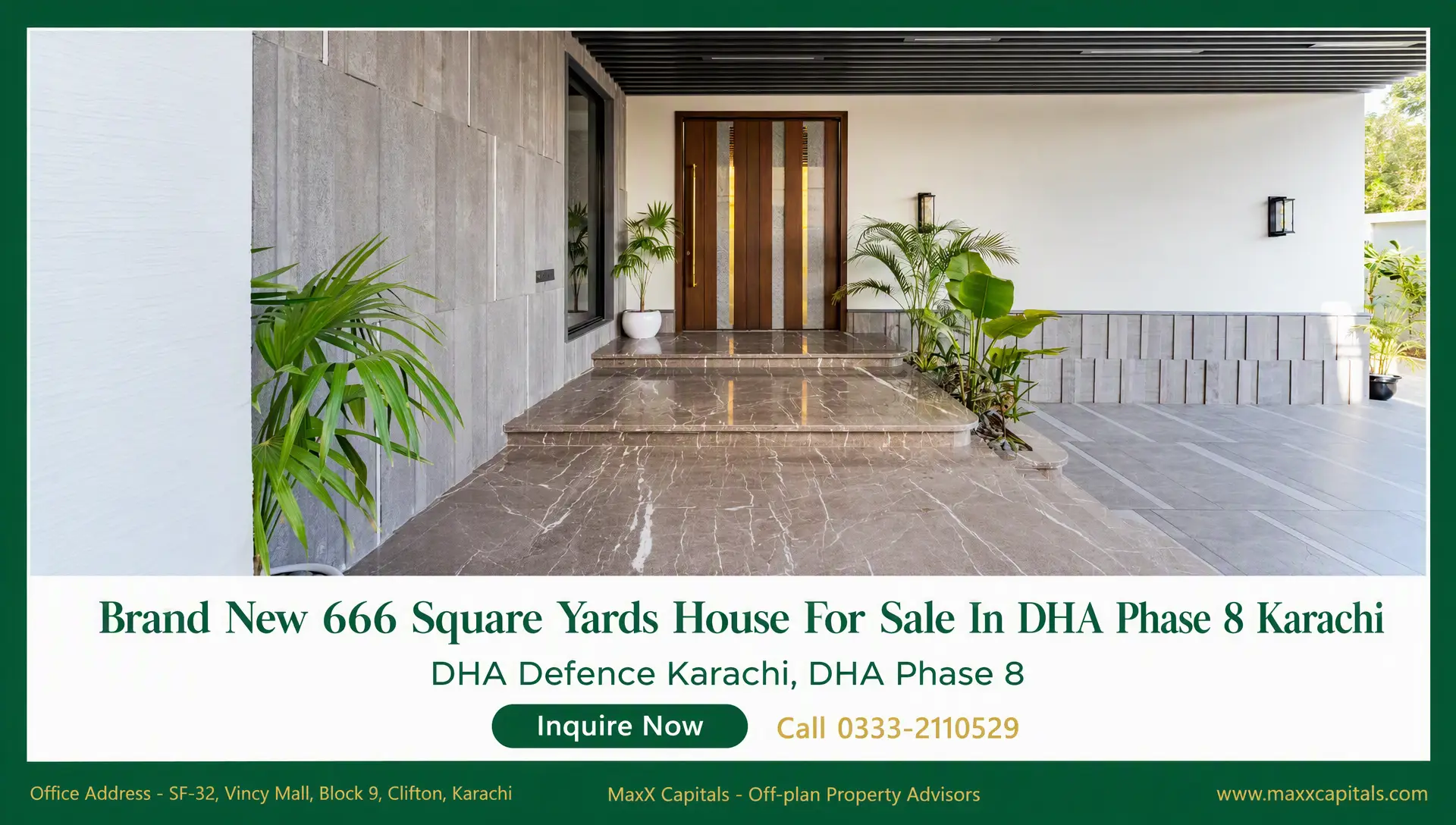 Brand New 666 Square Yards House For Sale In DHA Phase 8 Karachi (2) Modern DHA Phase 8 Karachi house entrance with marble steps, wood front door, and potted plants