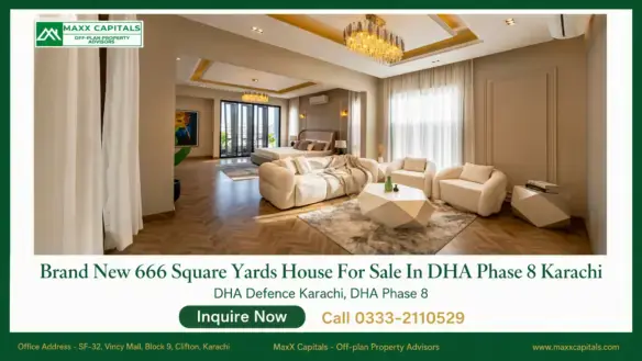 Luxury living room in a brand new DHA Phase 8 Karachi house for sale with chandelier, sofa seating, and large windows