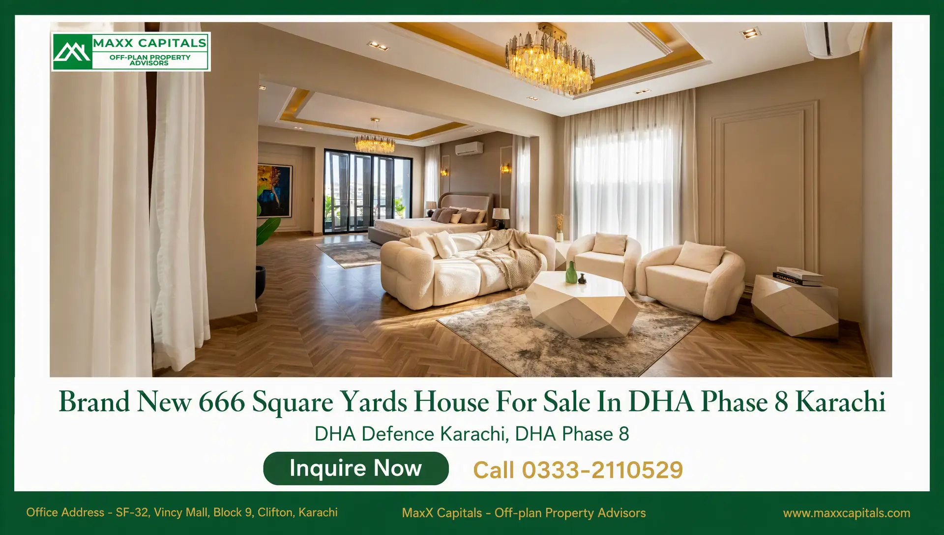 Brand New 666 Square Yards House For Sale In DHA Phase 8 Karachi (3) Luxury living room in a brand new DHA Phase 8 Karachi house for sale with chandelier, sofa seating, and large windows