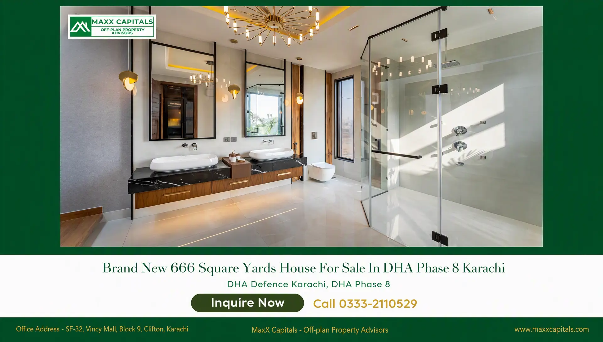 Brand New 666 Square Yards House For Sale In DHA Phase 8 Karachi (4) Modern luxury bathroom in DHA Phase 8 Karachi house for sale, with dual vanity, mirrors, glass shower, and gold lighting