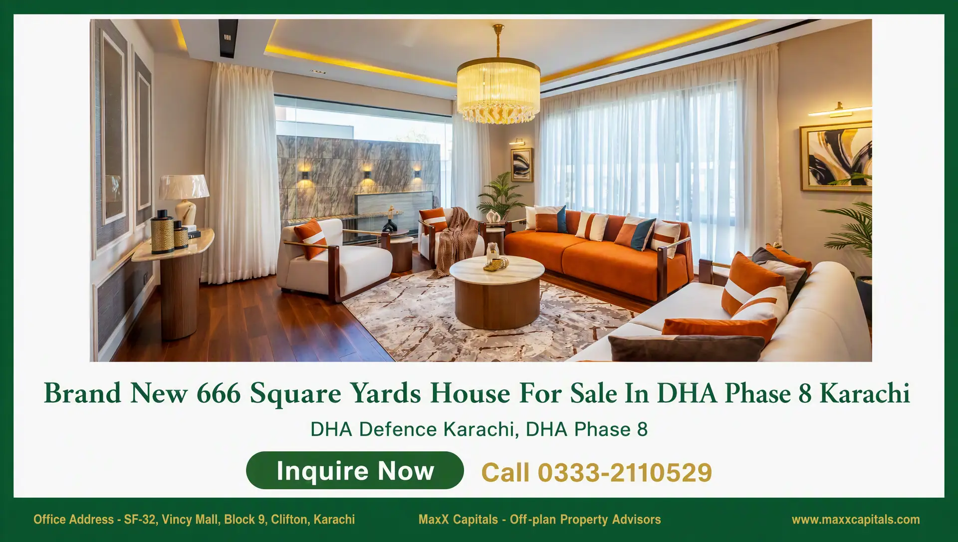 Brand New 666 Square Yards House For Sale In DHA Phase 8 Karachi (5) Elegant living room in a brand new DHA Phase 8 Karachi house with sofa seating, chandelier, and large windows