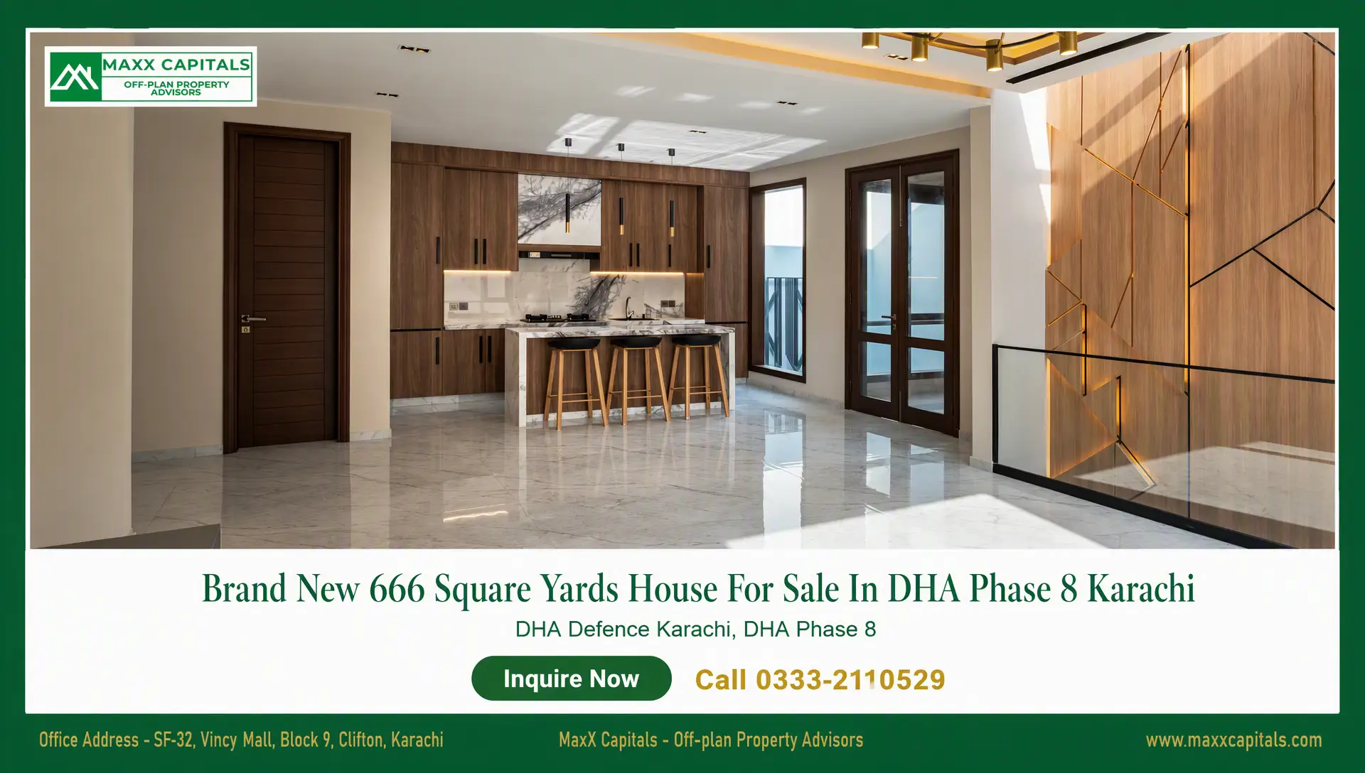 Brand New 666 Square Yards House For Sale In DHA Phase 8 Karachi (6) Modern DHA Phase 8 Karachi house interior with marble flooring, wood cabinetry, and island kitchen