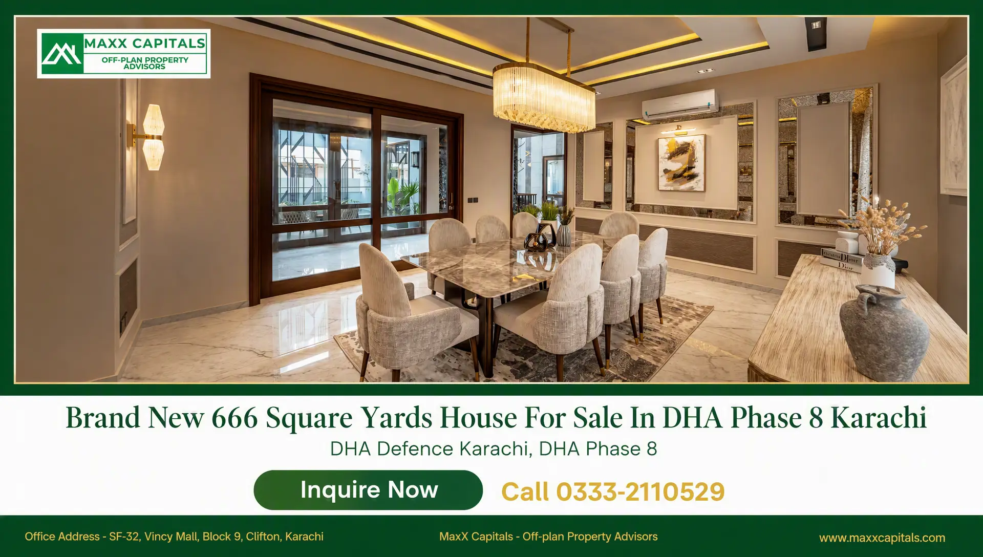 Brand New 666 Square Yards House For Sale In DHA Phase 8 Karachi (7) Modern dining room in a DHA Phase 8 Karachi house for sale with marble table, upholstered chairs, and chandelier