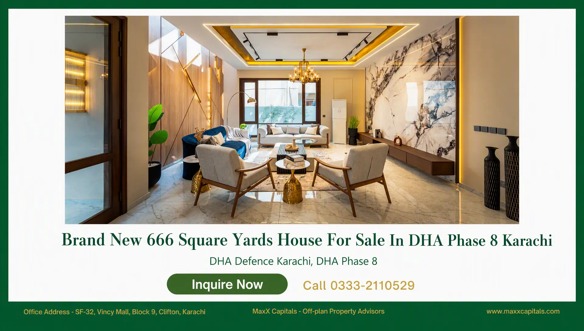 Brand New 666 Square Yards House For Sale In DHA Phase 8 Karachi (8) Modern luxury living room in a DHA Phase 8 Karachi house with marble flooring and designer ceiling lighting.
