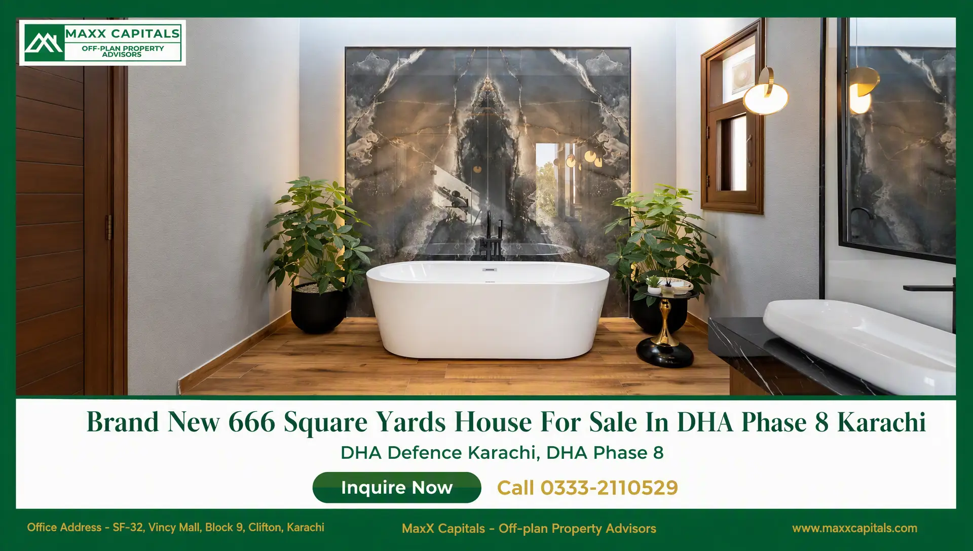 Brand New 666 Square Yards House For Sale In DHA Phase 8 Karachi (9) Luxury bathroom in DHA Phase 8 Karachi house with freestanding tub, marble feature wall, and wood flooring