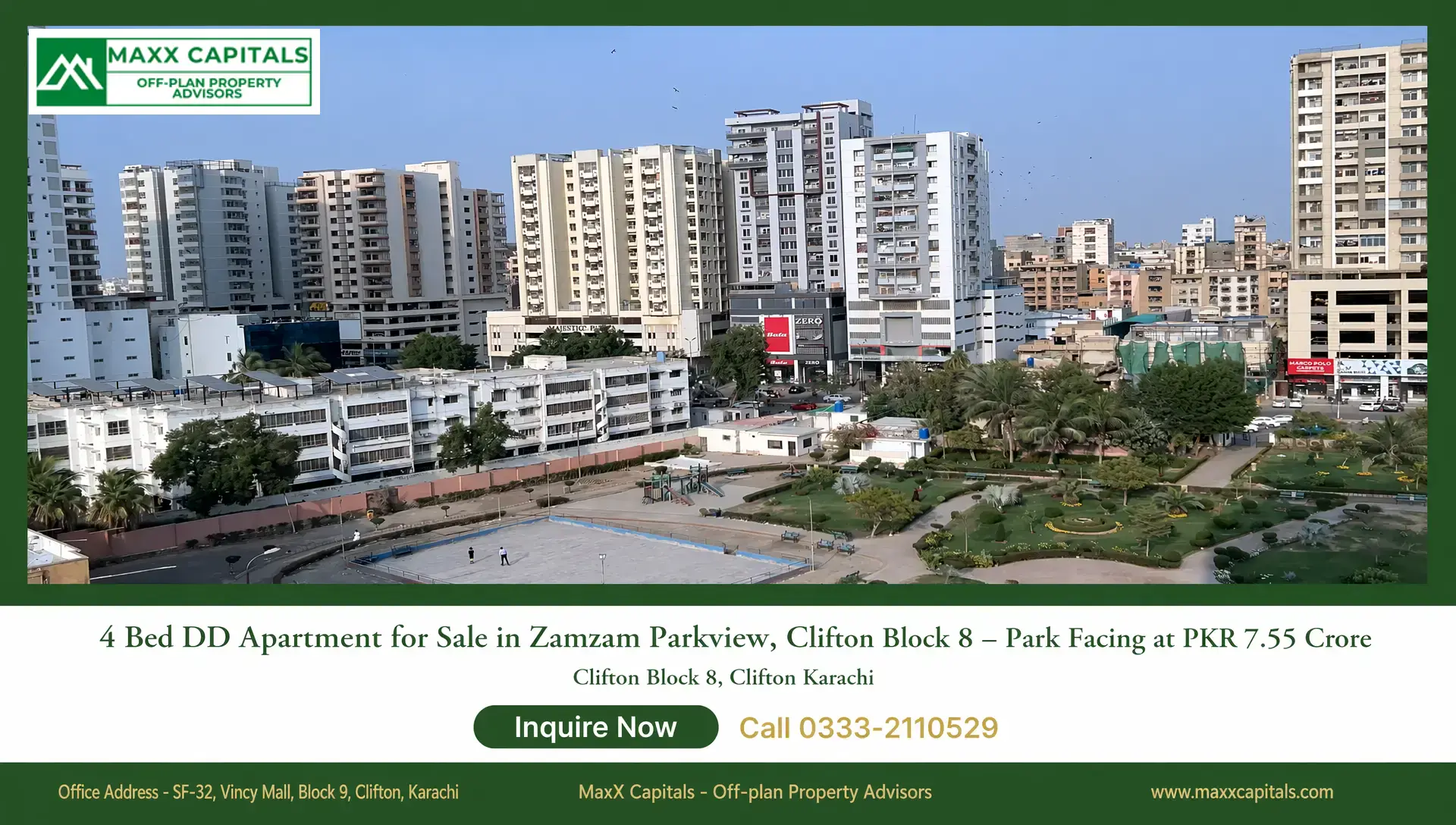 4 Bed DD Apartment for Sale in Zamzam Parkview, Clifton Block 8 – Park Facing at PKR 7.55 Crore MaxX Capitals: Park-facing Zamzam Parkview, Clifton Block 8 Karachi skyline with high-rise apartments