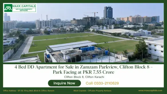 Zamzam Parkview Clifton Block 8 park-facing view with green field and Karachi skyline, MaxX Capitals