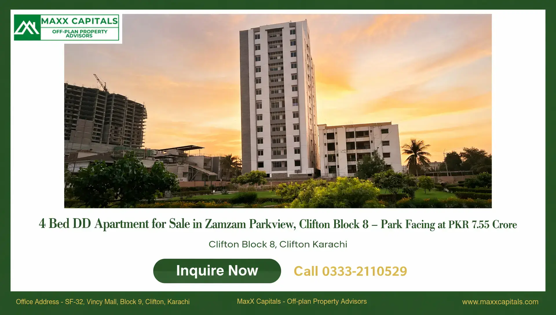 4 Bed DD Apartment for Sale in Zamzam Parkview, Clifton Block 8 – Park Facing at PKR 7.55 Crore MaxX Capitals: Zamzam Parkview Clifton Block 8 park-facing apartment tower at sunset, Karachi