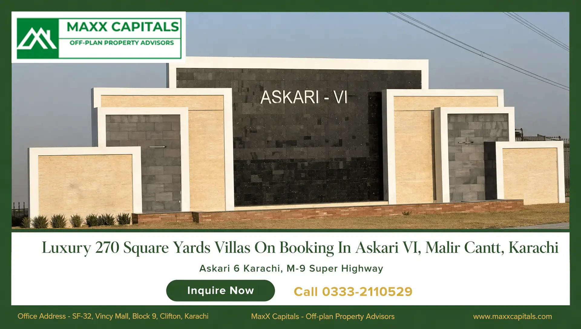 Luxury Villas for Sale at Askari VI, Karachi MaxX Capitals Askari Villas Karachi entrance facade with modern stone wall and ASKARI-VI sign