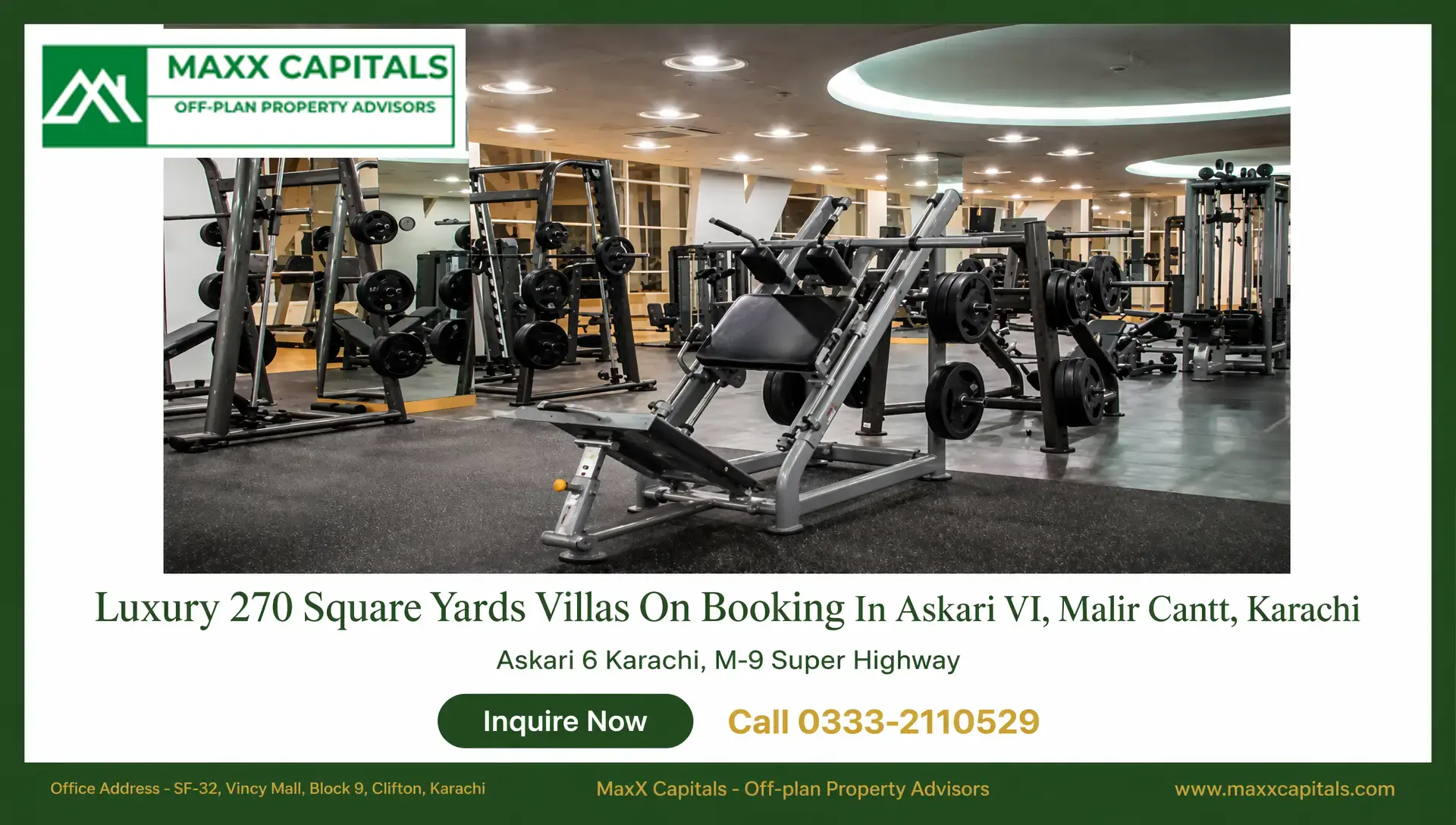 Luxury Villas for Sale at Askari VI, Karachi MaxX Capitals fitness center with weight machines in Askari Villas Karachi, luxury Askari VI amenities