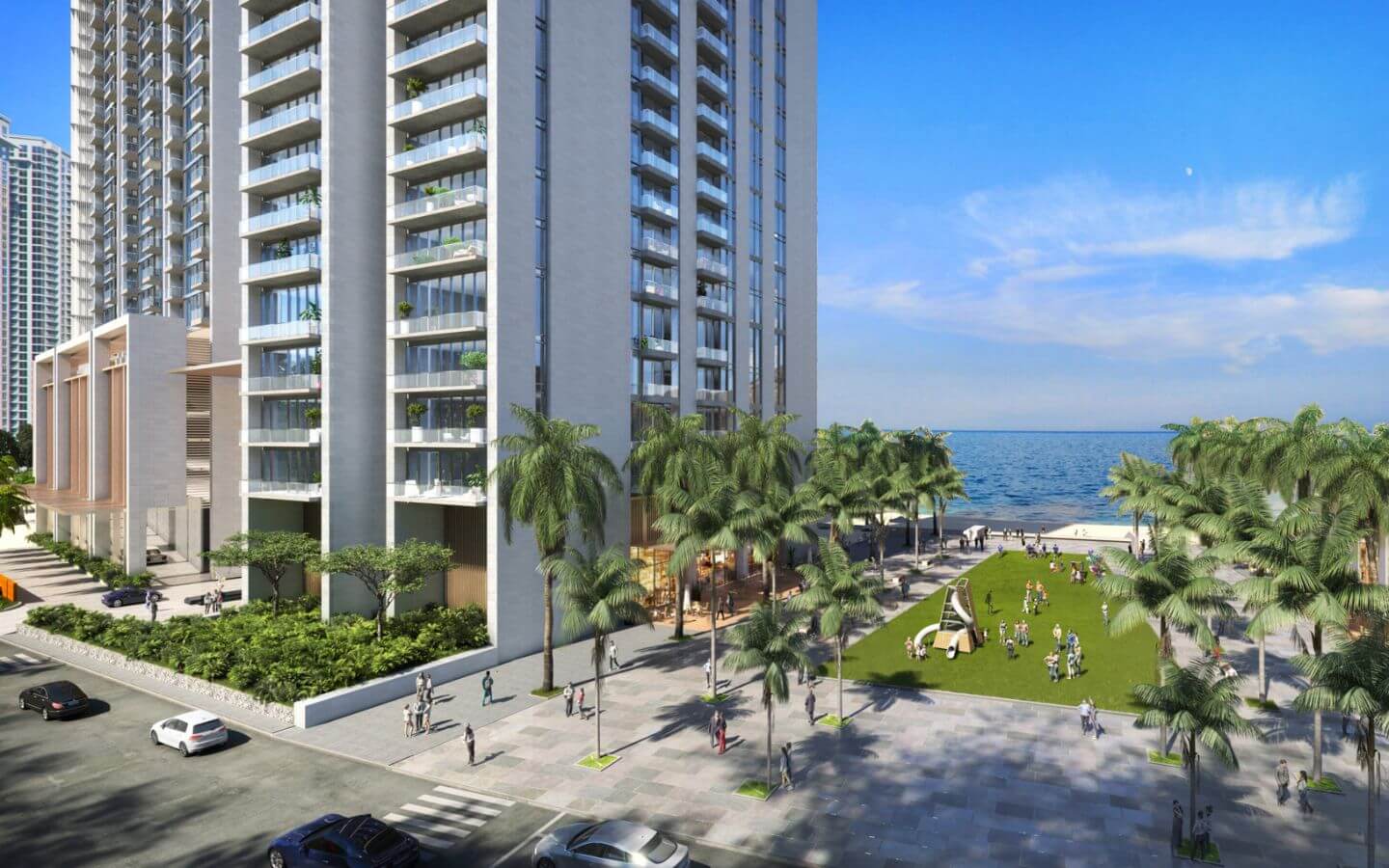 The Views Emaar Karachi – 1-Bed DHA Phase 8, PKR 7.3 Crore MaxX Capitals The Views Emaar Karachi seafront high-rise with palm-lined promenade and landscaped lawn